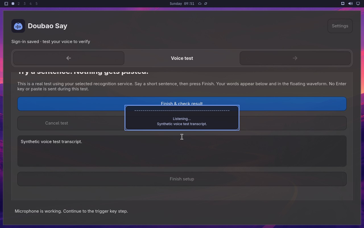 Complete Doubao Say onboarding on a real desktop node screenshot
