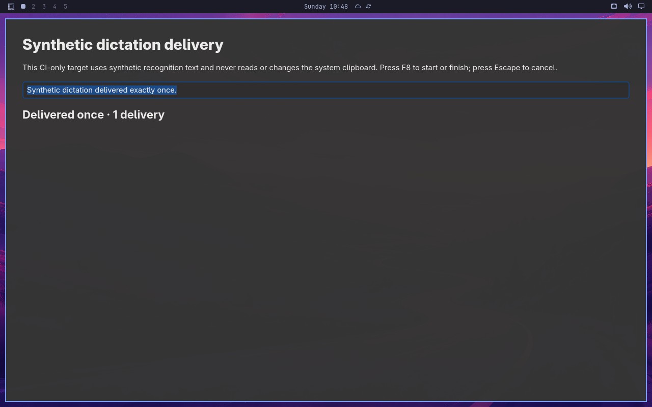 Deliver one synthetic dictation to the focused target node screenshot