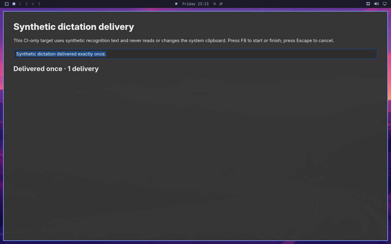 Deliver one synthetic dictation to the focused target node screenshot